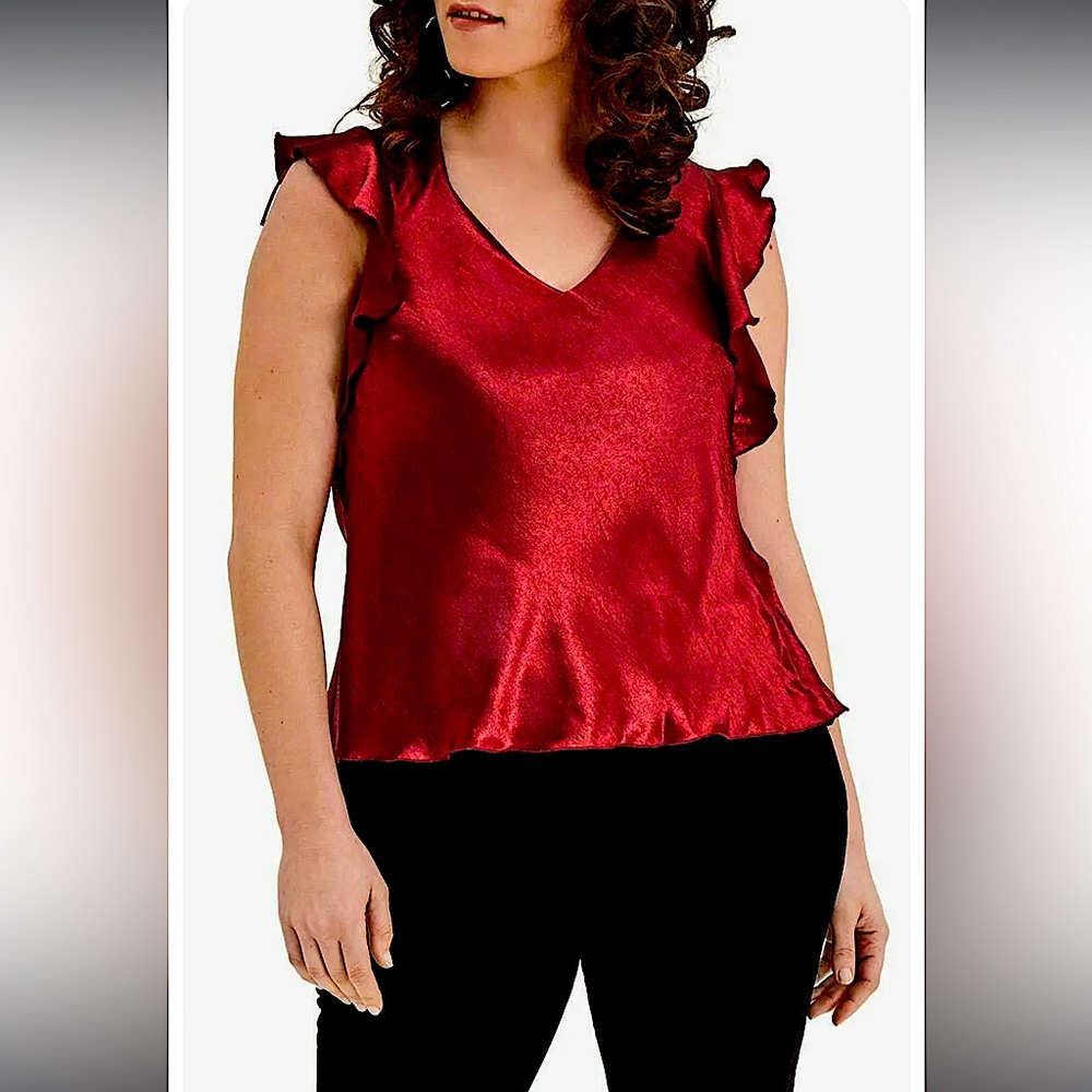 ELVI Wine Silky Blouse with short fluttered sleeves, New with Tags, Size 18